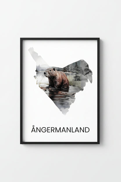 Landskapsaffisch Ångermanland – silhuett med ikoniska djur och natur