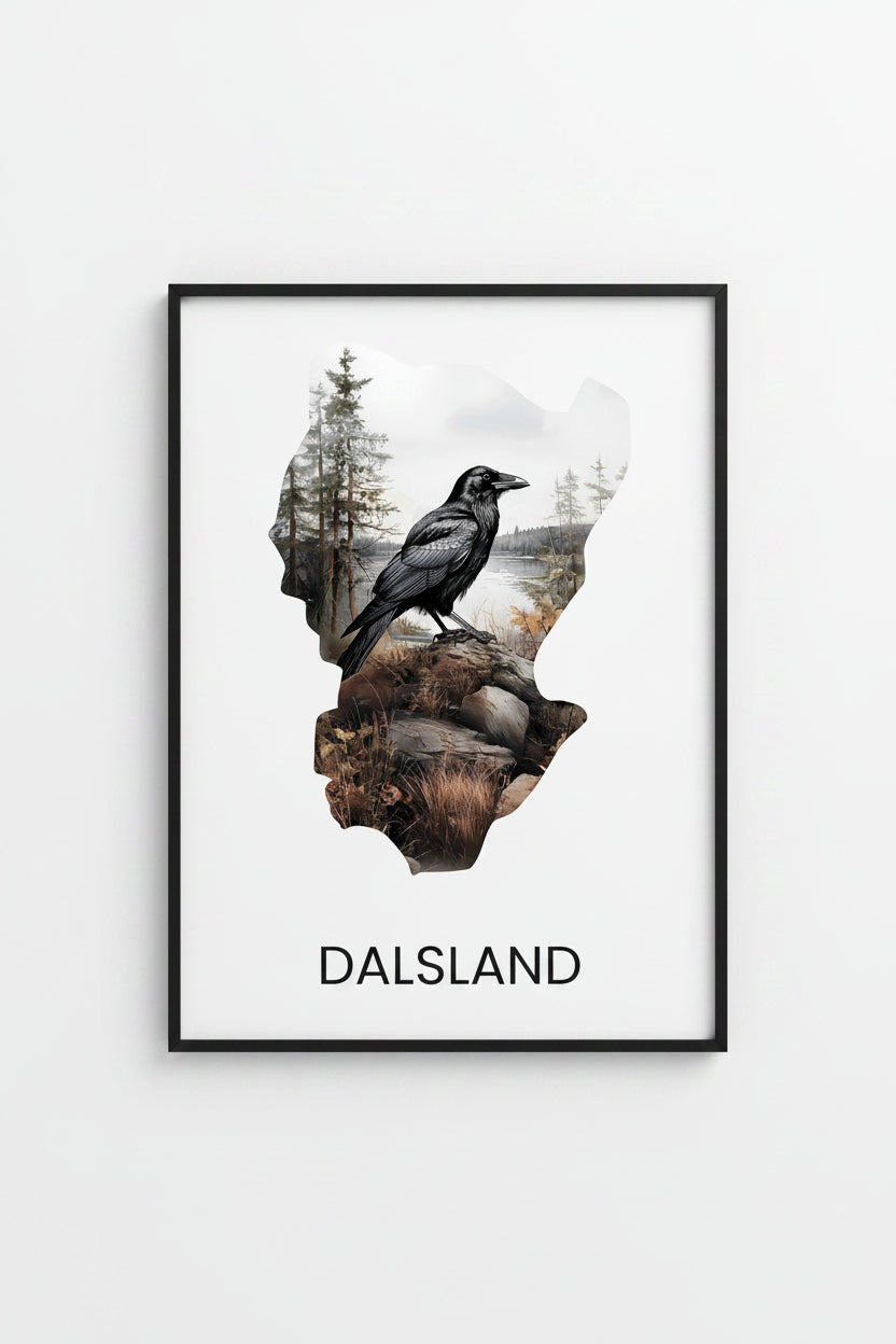 Landskapsaffisch Dalsland – silhuett med ikoniska djur och natur