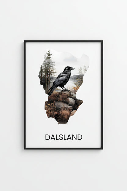 Landskapsaffisch Dalsland – silhuett med ikoniska djur och natur