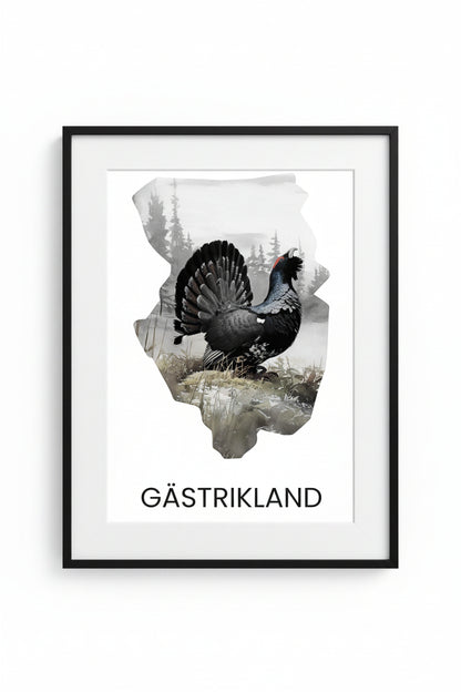 Landskapsaffisch Gästrikland – silhuett med ikoniska djur och natur