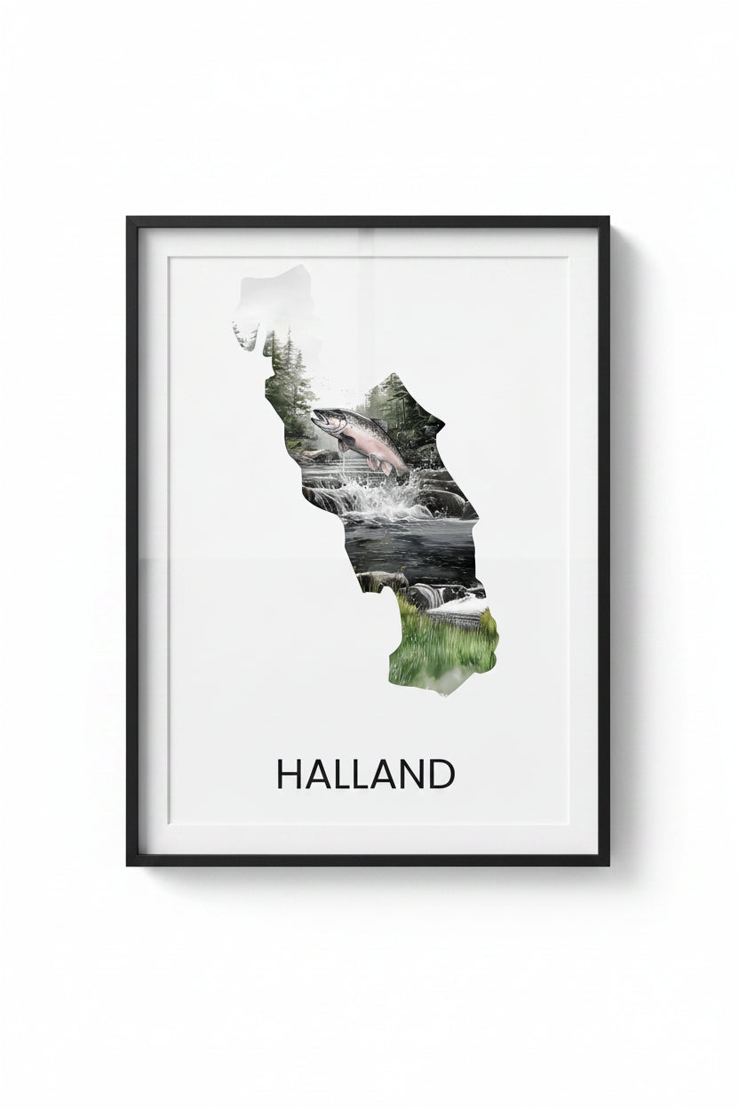 Landskapsaffisch Halland – silhuett med ikoniska djur och natur