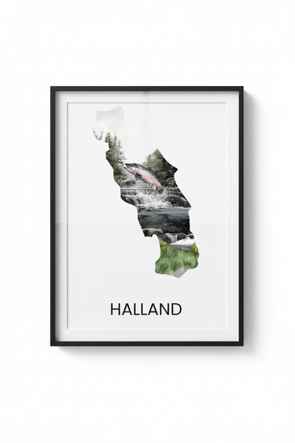Landskapsaffisch Halland – silhuett med ikoniska djur och natur