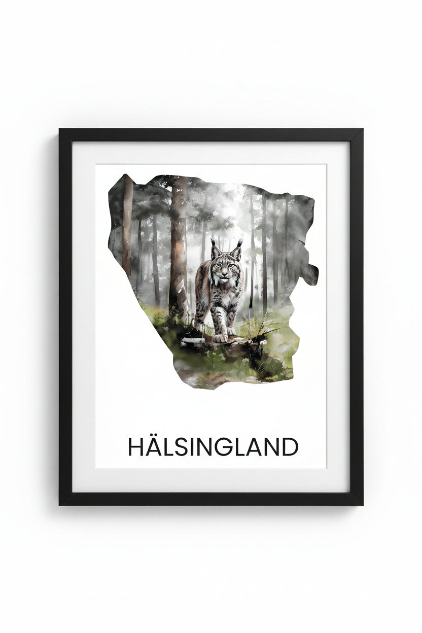 Landskapsaffisch Hälsingland – silhuett med ikoniska djur och natur