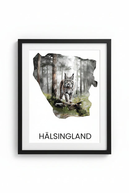 Landskapsaffisch Hälsingland – silhuett med ikoniska djur och natur