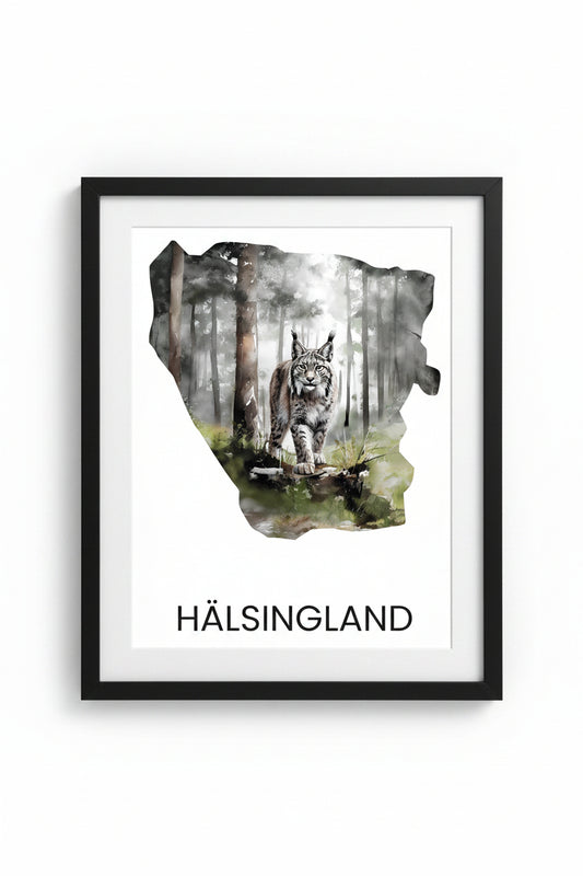 Landskapsaffisch Hälsingland – silhuett med ikoniska djur och natur