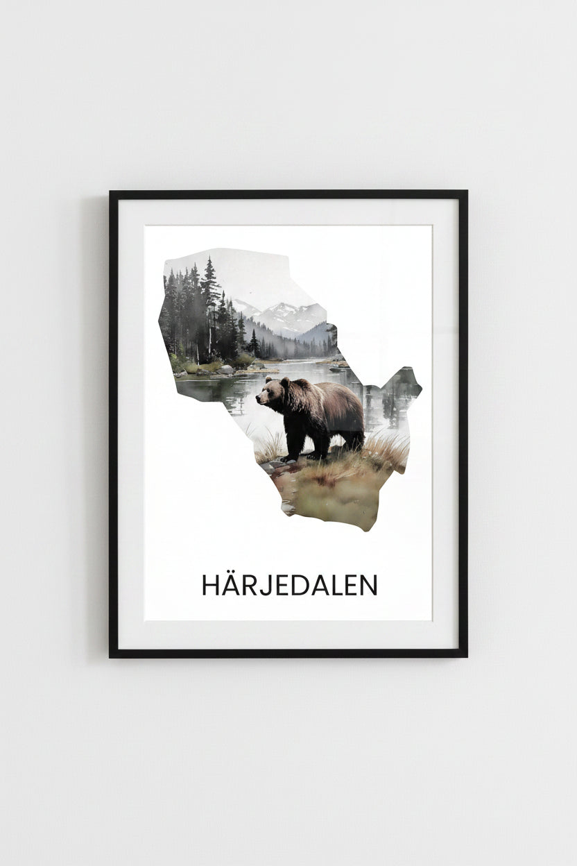 Landskapsaffisch Härjedalen – silhuett med ikoniska djur och natur