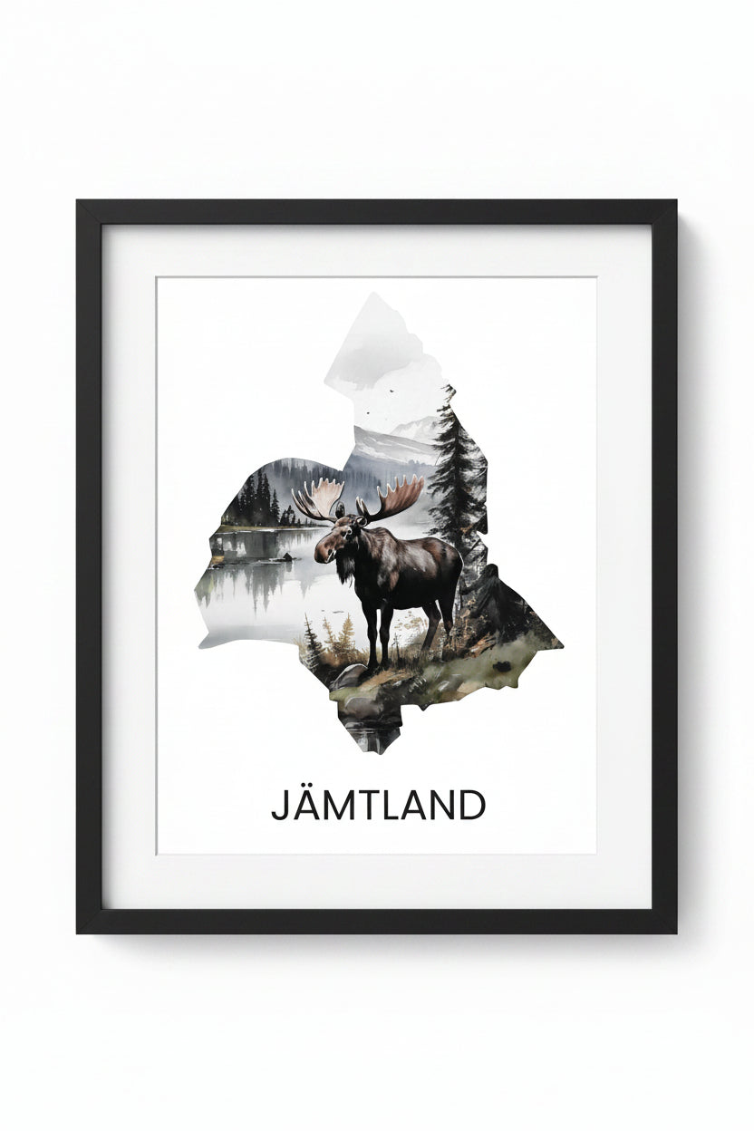 Landskapsaffisch Jämtland – silhuett med ikoniska djur och natur