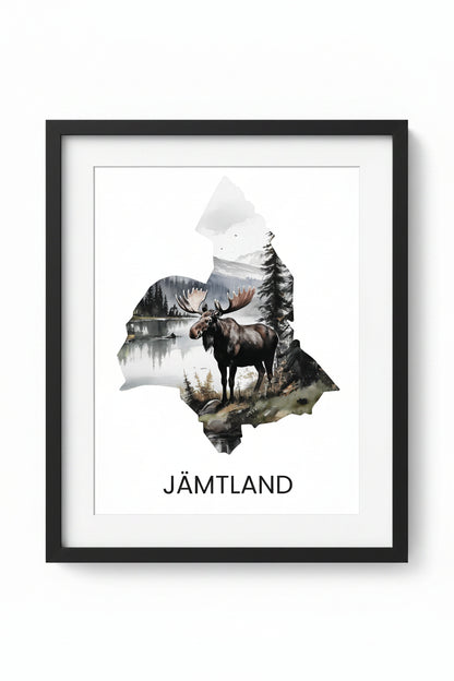 Landskapsaffisch Jämtland – silhuett med ikoniska djur och natur