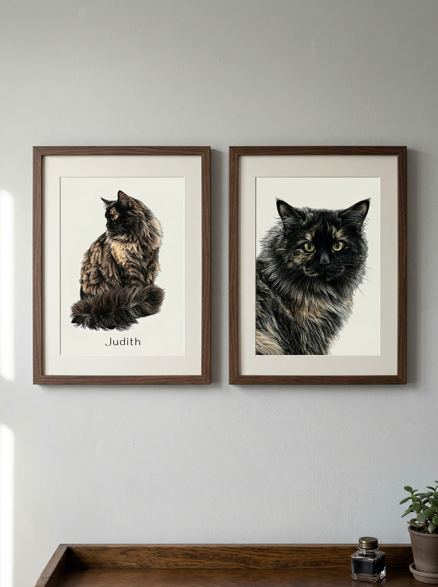 Custom pet portrait drawing in two frames on wall