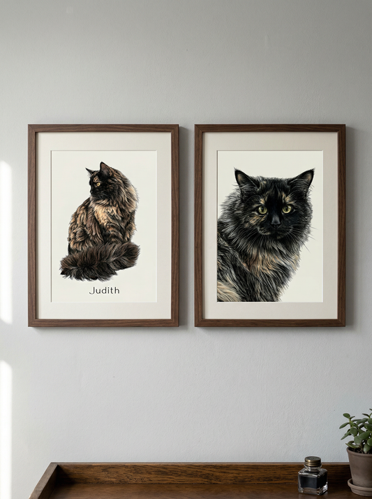 Custom pet portrait drawing in two frames on wall