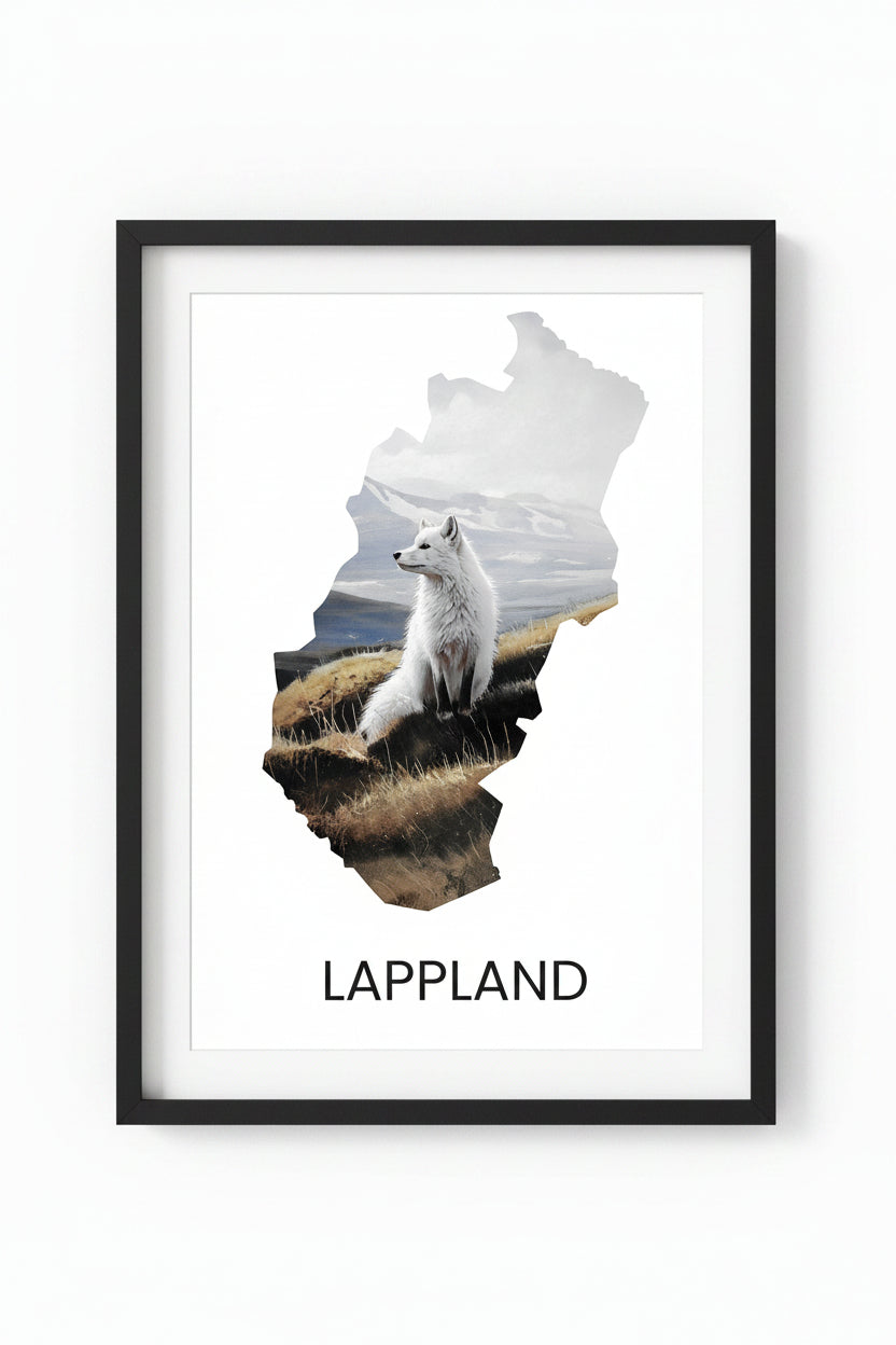 Landskapsaffisch Lappland – silhuett med ikoniska djur och natur
