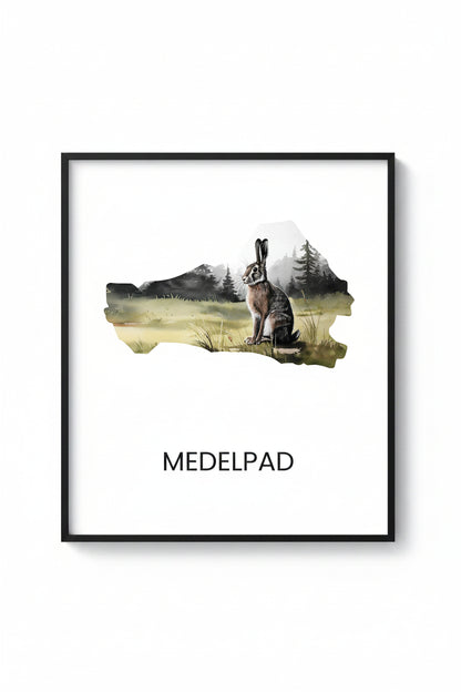 Landskapsaffisch Medelpad – silhuett med ikoniska djur och natur