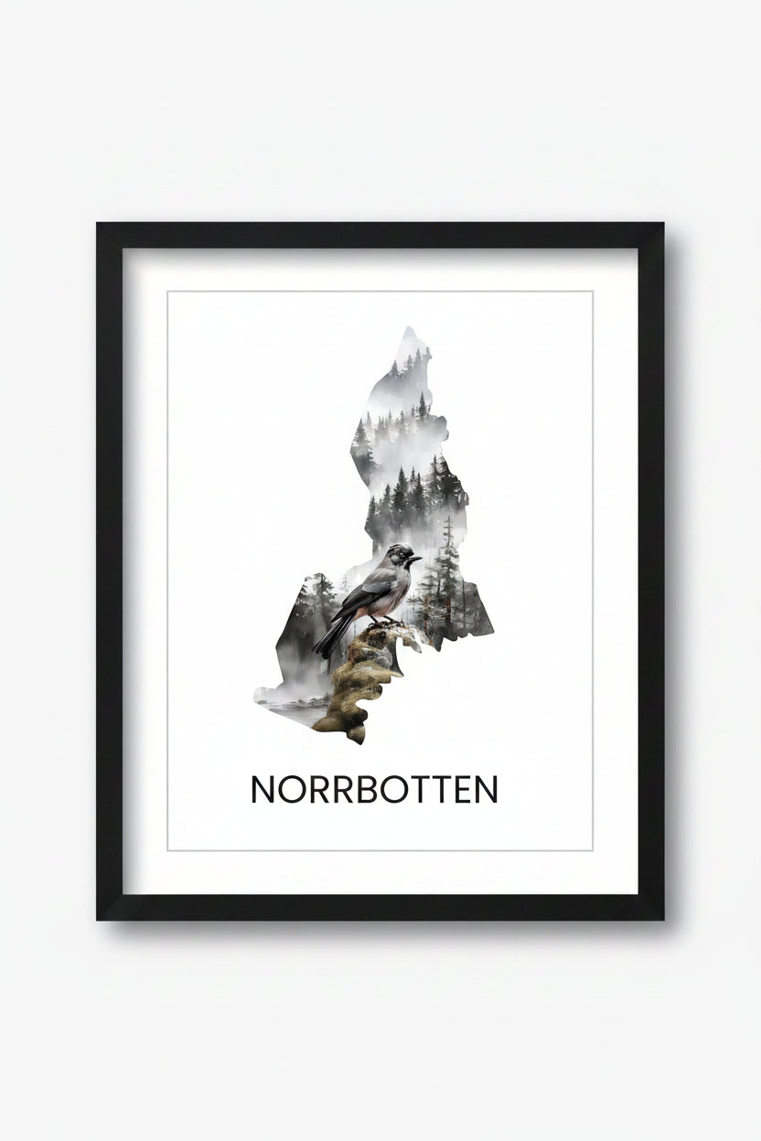 Landskapsaffisch Norrbotten – silhuett med ikoniska djur och natur