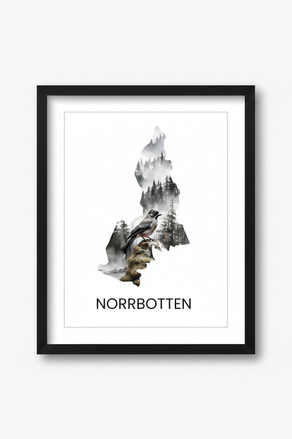 Landskapsaffisch Norrbotten – silhuett med ikoniska djur och natur