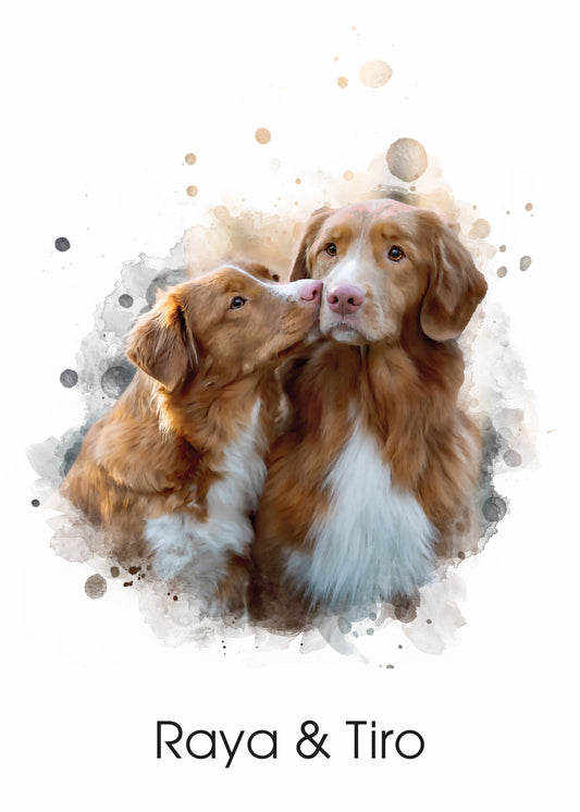 Custom pet watercolor portrait of two dogs
