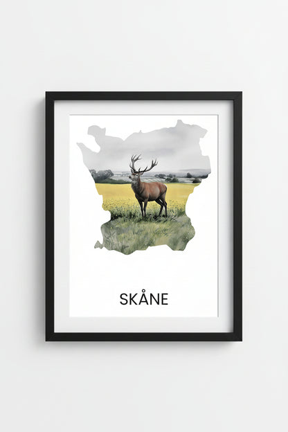 Landskapsaffisch Skåne – silhuett med ikoniska djur och natur