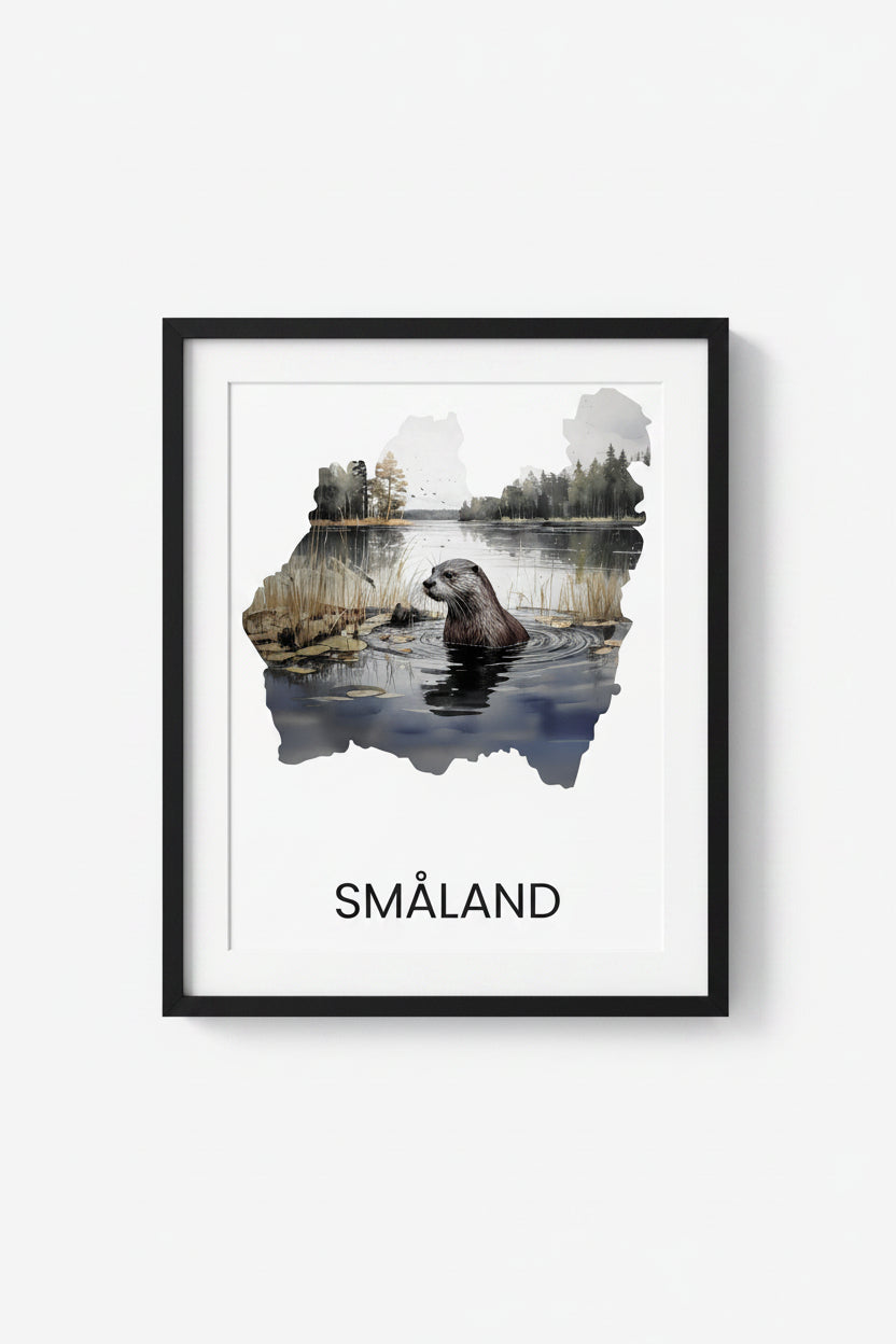 Landskapsaffisch Småland – silhuett med ikoniska djur och natur