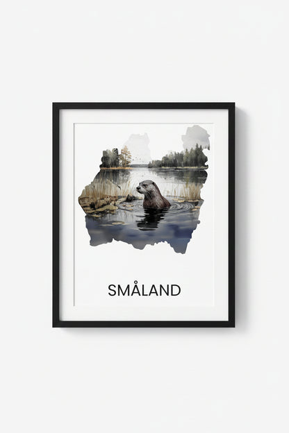 Landskapsaffisch Småland – silhuett med ikoniska djur och natur