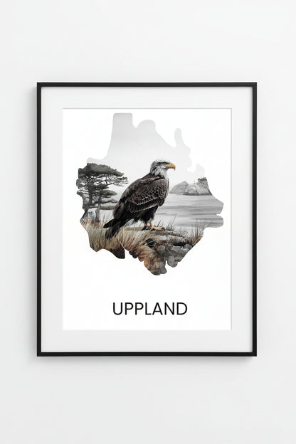 Landskapsaffisch Uppland – silhuett med ikoniska djur och natur
