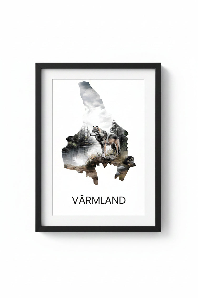Landskapsaffisch Värmland – silhuett med ikoniska djur och natur
