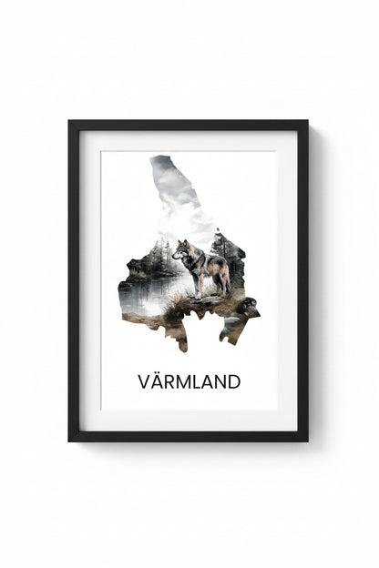 Landskapsaffisch Värmland – silhuett med ikoniska djur och natur