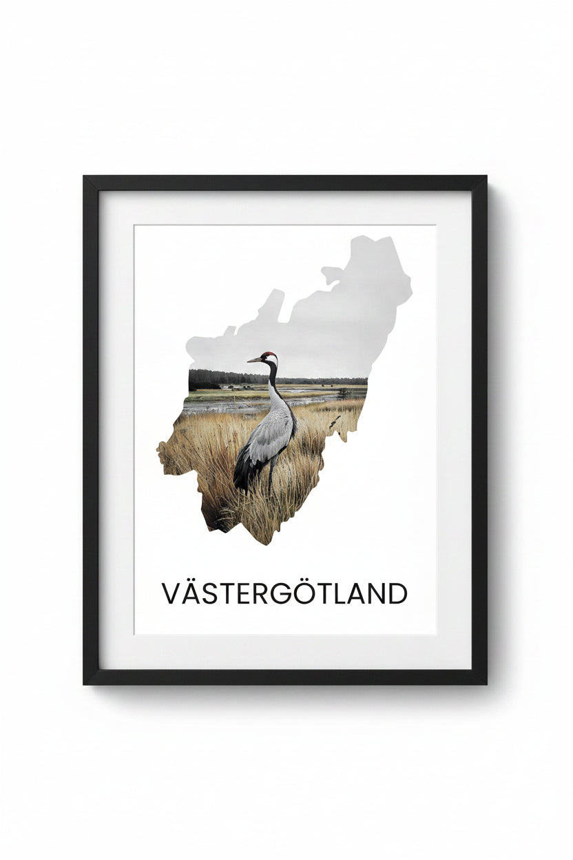 Landskapsaffisch Västergötland – silhuett med ikoniska djur och natur