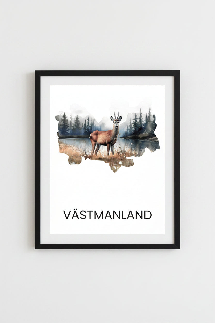 Landskapsaffisch Västmanland – silhuett med ikoniska djur och natur
