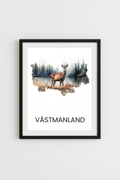 Landskapsaffisch Västmanland – silhuett med ikoniska djur och natur